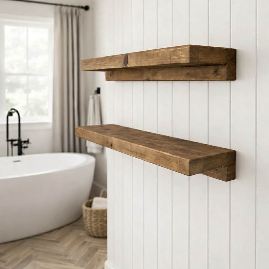 Rustic floating solid wood shelves