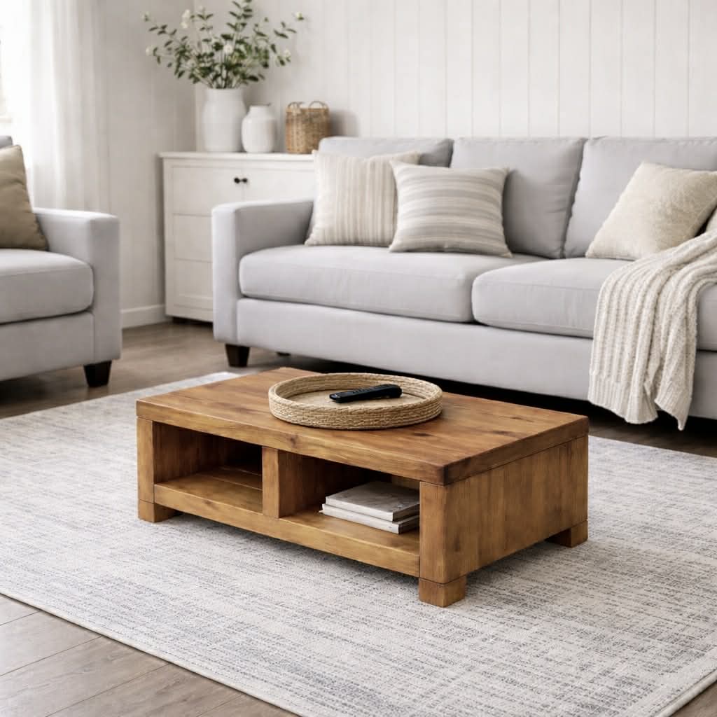 Coffee Table - Rustic Solid Wood Coffee Table with Shelf